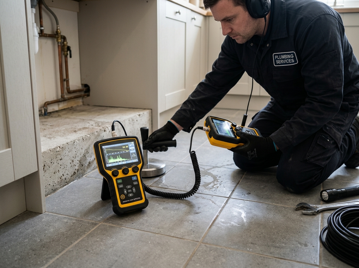 Acoustic detection equipment used to find leak under foundation North Miami